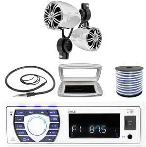 Pyle PLRMR23BTW Single-DIN Bluetooth Marine USB/AUX MP3/SD AM/FM Radio Stereo Receiver W/White Cover, 2x Pyle PLMR22CR 2.25' 10W Max Power Full Range Off-Road Chrome Speakers W/50 Feet Wire, Antenna