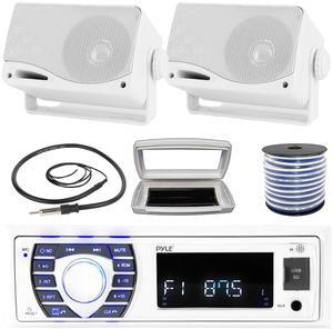 Pyle PLRMR23BTW Single-DIN Bluetooth Marine USB/AUX MP3/SD AM/FM Radio Stereo Receiver W/White Cover, 2x 3.5'' 200W Max Power 3-Way Weather Proof Mini Box White Speakers W/50 Feet Wire, 22" Antenna