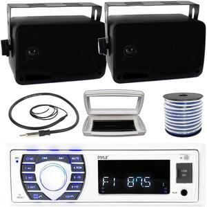 Pyle PLRMR23BTW Single-DIN Bluetooth Marine USB/AUX MP3/SD AM/FM Radio Stereo Receiver W/White Cover, 2x 3.5'' 200W Max Power 3-Way Indoor/Outdoor Wall Mount Black Speakers W/50 Feet Wire, Antenna