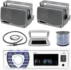 Pyle PLRMR23BTW Single-DIN Bluetooth Marine USB/AUX MP3/SD AM/FM Radio Stereo Receiver W/White Cover, 2x 3.5'' 200W Max Power 3-Way Weather Proof Mini Box Silver Speakers W/50 Feet Wire, Radio Antenna