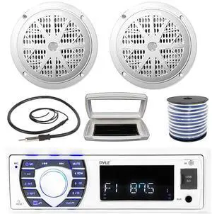 Pyle PLRMR23BTW Single-DIN Bluetooth Marine USB/AUX MP3/SD AM/FM Radio Stereo Receiver W/White Cover, 2x Pyle PLMR41W 4'' 100 Watt Max Power Dual Cone White Speakers W/50 Feet 18 Gauge Wire, Antenna