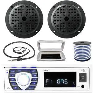 Pyle PLRMR23BTW Single-DIN Bluetooth Marine USB/AUX MP3/SD AM/FM Radio Stereo Receiver W/White Cover, 2x Pyle PLMR51B 5.25'' 100 Watt Max Power 2-Way Full Range Black Speakers W/50 Feet Wire, Antenna