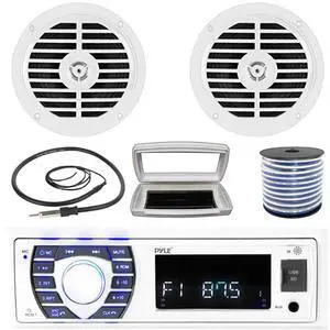 Pyle PLRMR23BTW Single-DIN Bluetooth Marine USB/AUX MP3/SD AM/FM Radio Stereo Receiver W/White Cover, 2x Pyle PLMR57W 5.25" 100W Max Power Dual Cone Full Range White Speakers W/50 Feet Wire, Antenna