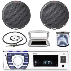 Pyle PLRMR23BTW Single-DIN Bluetooth Marine USB/AUX MP3/SD AM/FM Radio Stereo Receiver W/White Cover, 2x Pyle PLMR605B 6.5'' 400W Max Power Dual Cone 2-way Full Range Speakers W/50 Feet Wire, Antenna