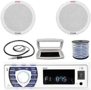 Pyle PLRMR23BTW Single-DIN Bluetooth Marine USB/AUX MP3/SD AM/FM Radio Stereo Receiver W/White Cover, 2x Pyle PLMR605W 6.5'' 400W Max Power Dual Cone 2-way Full Range Speakers W/50 Feet Wire, Antenna