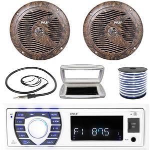 Pyle PLRMR23BTW Single-DIN Bluetooth Marine USB/AUX MP3/SD AM/FM Radio Stereo Receiver W/White Cover, 2x 6.5'' 150W Max Power Full Range Camouflage Waterproof Speakers W/50 Feet Wire, Radio Antenna