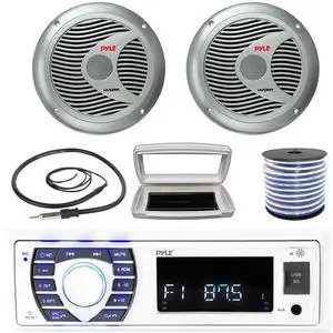Pyle PLRMR23BTW Single-DIN Bluetooth Marine USB/AUX MP3/SD AM/FM Radio Stereo Receiver W/White Cover, 2x Pyle PLMR60S 6.5'' 150 Watt Max Power 2 Way Boat Silver Speakers W/50 Feet Wire, Radio Antenna