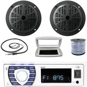 Pyle PLRMR23BTW Single-DIN Bluetooth Marine USB/AUX MP3/SD AM/FM Radio Stereo Receiver W/White Cover, 2x Pyle PLMR61B 6.5'' 120W Max Power Dual Cone Boat Audio Black Speakers W/50 Feet Wire, Antenna