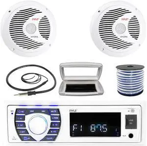 Pyle PLRMR23BTW Single-DIN Bluetooth Marine USB/AUX MP3/SD AM/FM Radio Stereo Receiver W/White Cover, 2x Pyle PLMR60W 6.5" 150W Max Power Full Range Dual Cone White Speakers W/50 Feet Wire, Antenna
