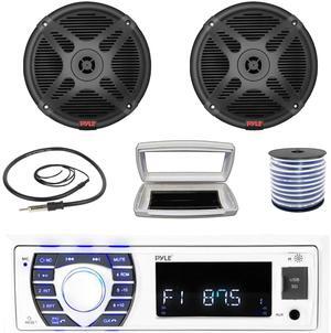 Pyle PLRMR23BTW Single-DIN Bluetooth Marine USB/AUX MP3/SD AM/FM Radio Stereo Receiver W/White Cover, 2x 6.5" 600 Watt Max Power Marine 2-Way Coaxial Full-Range Black Speakers W/50 Feet Wire, Antenna