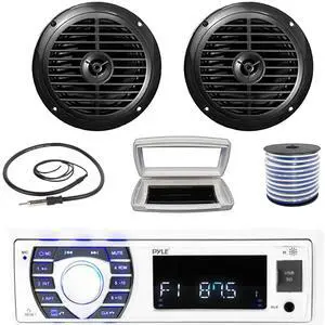 Pyle PLRMR23BTW Single-DIN Bluetooth Marine USB/AUX MP3/SD AM/FM Radio Stereo Receiver W/White Cover, 2x Pyle PLMR67B 6.5'' 120W Max Power Dual Cone Waterproof Black Speakers W/50 Feet Wire, Antenna