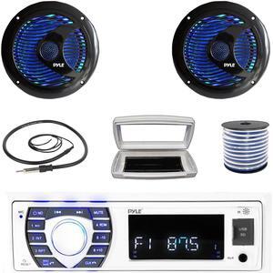 Pyle PLRMR23BTW Single-DIN Bluetooth Marine USB/AUX MP3/SD AM/FM Radio Stereo Receiver W/White Cover, 2x 6.5'' 150 Watt Max Power Dual Cone RGB LED Boat Audio Black Speakers W/50 Feet Wire, Antenna