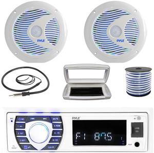 Pyle PLRMR23BTW Single-DIN Bluetooth Marine USB/AUX MP3/SD AM/FM Radio Stereo Receiver W/White Cover, 2x 6.5'' 150 Watt Max Power Dual Cone RGB LED Boat White Speakers W/50 Feet Wire, Radio Antenna