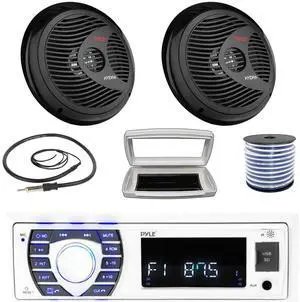 Pyle PLRMR23BTW Single-DIN Bluetooth Marine USB/AUX MP3/SD AM/FM Radio Stereo Receiver W/White Cover, 2x 8'' 180 Watt Max Power Waterproof Full Range Stereo Black Speakers W/50 Feet Wire, Antenna
