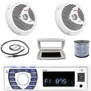 Pyle PLRMR23BTW Single-DIN Bluetooth Marine USB/AUX MP3/SD AM/FM Radio Stereo Receiver W/White Cover, 2x 8'' 180 Watt Max Power Waterproof Full Range Stereo White Speakers W/50 Feet Wire, Antenna