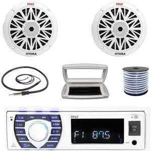Pyle PLRMR23BTW Single-DIN Bluetooth Marine USB/AUX MP3/SD AM/FM Radio Stereo Receiver W/White Cover, 2x Pyle PLMR82 8" 300W Max Power 2-Way Boat White Speakers W/50 Feet 18G Wire, 22" Radio Antenna