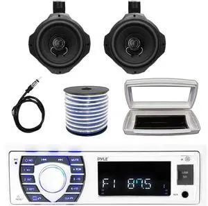 Pyle PLRMR23BTW Single-DIN Bluetooth Marine USB/AUX MP3/SD AM/FM Radio Stereo Receiver W/White Cover, 2x 6.5" 200W Max Power Black Boat Wake Board Speakers, 50 Feet 18 Gauge Speaker Wire, 22" Antenna
