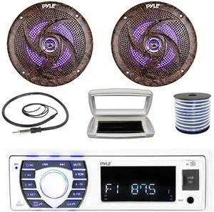 Pyle PLRMR23BTW Single-DIN Bluetooth Marine USB/AUX MP3/SD AM/FM Radio Stereo Receiver W/White Cover, 2x 6.5'' 240W Max Power Low Profile Slim Style Blue LED Speakers W/50 Feet Wire, Radio Antenna