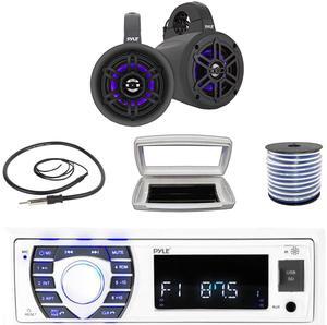 Pyle PLRMR23BTW Single-DIN Bluetooth Marine USB/AUX MP3/SD AM/FM Radio Stereo Receiver W/White Cover, 2x 4" 300W Max Power Waterproof Marine Wakeboard LED Tower Black Speakers W/50 Feet Wire, Antenna