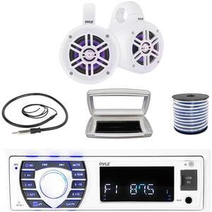 Pyle PLRMR23BTW Single-DIN Bluetooth Marine USB/AUX MP3/SD AM/FM Radio Stereo Receiver W/White Cover, 2x Pyle 4" 300 Watt Max Power Marine Multicolor LED Tower White Speakers W/50 Feet Wire, Antenna