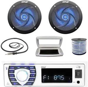 Pyle PLRMR23BTW Single-DIN Bluetooth Marine USB/AUX MP3/SD AM/FM Radio Stereo Receiver W/White Cover, 2x 4" 100W Max Power 2-Way Low Profile Blue Flashing LED Speakers W/50 Feet Wire, Radio Antenna