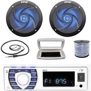 Pyle PLRMR23BTW Single-DIN Bluetooth Marine USB/AUX MP3/SD AM/FM Radio Stereo Receiver W/White Cover, 2x 4" 100W Max Power Waterproof Low-Profile Slim Style Blue LED Speakers W/50 Feet Wire, Antenna