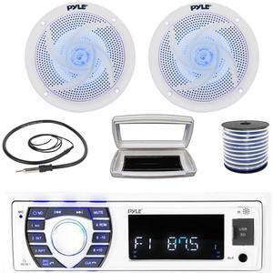 Pyle PLRMR23BTW Single-DIN Bluetooth Marine USB/AUX MP3/SD AM/FM Radio Stereo Receiver W/White Cover, 2x 4" 100W Max Power Low Profile 2-Way Blue LED Boat Audio White Speakers W/50 Feet Wire, Antenna