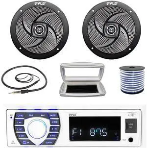 Pyle PLRMR23BTW Single-DIN Bluetooth Marine USB/AUX MP3/SD AM/FM Radio Stereo Receiver W/White Cover, 2x 5.25" 180W Max Power 2-Way Low Profile Boat Audio Black Speakers W/50 Feet Wire, Radio Antenna