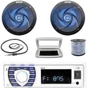 Pyle PLRMR23BTW Single-DIN Bluetooth Marine USB/AUX MP3/SD AM/FM Radio Stereo Receiver W/White Cover, 2x 6'' 240W Max Power Low Profile 2-Way Blue LED Boat Black Speakers W/50 Feet Wire, Radio Antenna