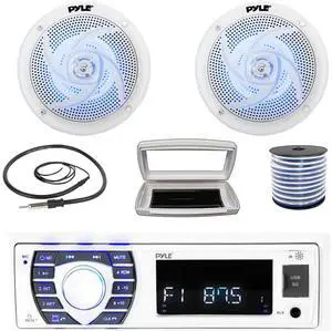 Pyle PLRMR23BTW Single-DIN Bluetooth Marine USB/AUX MP3/SD AM/FM Radio Stereo Receiver W/White Cover, 2x 6.5" 240W Max Power Low-Profile 2-Way Blue LED Audio White Speakers W/50 Feet Wire, Antenna