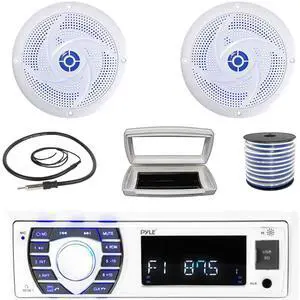 Pyle PLRMR23BTW Single-DIN Bluetooth Marine USB/AUX MP3/SD AM/FM Radio Stereo Receiver W/White Cover, 2x 6'' 240 Watt Max Power Low Profile 2-Way Blue LED Boat White Speakers W/50 Feet Wire, Antenna