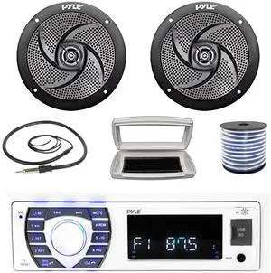 Pyle PLRMR23BTW Single-DIN Bluetooth Marine USB/AUX MP3/SD AM/FM Radio Stereo Receiver W/White Cover, 2x Pyle PLMRS6B 6'' 240W Max Power Low Profile 2-Way Boat Black Speakers W/50 Feet Wire, Antenna