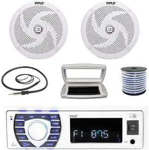 Pyle PLRMR23BTW Single-DIN Bluetooth Marine USB/AUX MP3/SD AM/FM Radio Stereo Receiver W/White Cover, 2x Pyle PLMRS6W 6'' 240W Max Power Low Profile 2-Way Boat White Speakers W/50 Feet Wire, Antenna