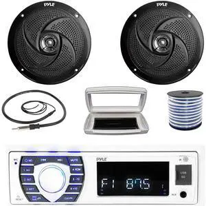 Pyle PLRMR23BTW Single-DIN Bluetooth Marine USB/AUX MP3/SD AM/FM Radio Stereo Receiver W/White Cover, 2x Pyle PLMRS8B 8'' 320W Max Power Low Profile 2-Way Boat Black Speakers W/50 Feet Wire, Antenna