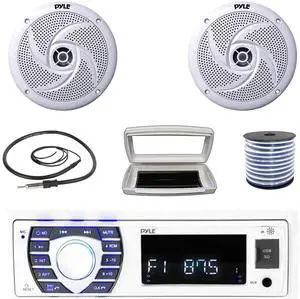 Pyle PLRMR23BTW Single-DIN Bluetooth Marine USB/AUX MP3/SD AM/FM Radio Stereo Receiver W/White Cover, 2x Pyle PLMRS8W 8'' 320W Max Power Low Profile 2-Way Boat White Speakers W/50 Feet Wire, Antenna