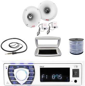Pyle PLRMR23BTW Single-DIN Bluetooth Marine USB/AUX MP3/SD AM/FM Radio Stereo Receiver W/White Cover, 2x 1" 120 Watt Peak Power PEI Dome Tweeters White Marine Speaker System W/50 Feet Wire, Antenna