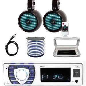 Pyle PLRMR23BTW Single-DIN Bluetooth Marine USB/AUX MP3/SD AM/FM Radio Stereo Receiver W/White Cover, 2x 8" 480W Max Power 2-Way Black Wakeboard Tower RGB LED Speakers W/50 Feet 18G Wire, 22" Antenna