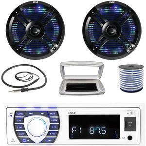 Pyle PLRMR23BTW Single-DIN Bluetooth Marine USB/AUX MP3/SD AM/FM Radio Stereo Receiver W/White Cover, 2x 6.5" 250W Max Power Waterproof Boat Dual Multi Color LED Black Speakers W/50 Feet Wire, Antenna