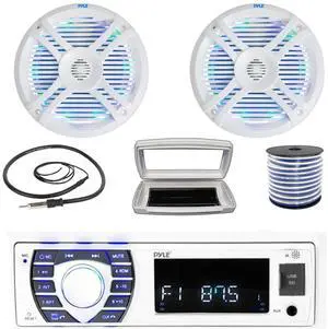 Pyle PLRMR23BTW Single-DIN Bluetooth Marine USB/AUX MP3/SD AM/FM Radio Stereo Receiver W/White Cover, 2x Pyle 6.5" 250W Max Power Boat Dual Cone Multicolor LED White Speakers W/50 Feet Wire, Antenna