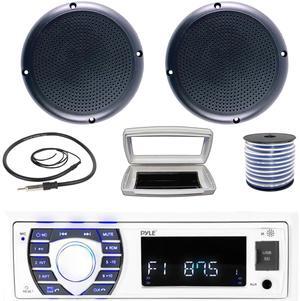 Pyle PLRMR23BTW Single-DIN Bluetooth Marine USB/AUX MP3/SD AM/FM Radio Stereo Receiver W/White Cover, 2x Connexx SPM5B 5.25" 20 Watts RMS Polycone Audio Black Boat Speakers W/50 Feet Wire, Antenna