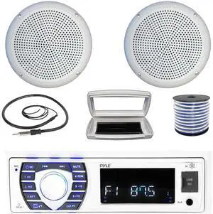 Pyle PLRMR23BTW Single-DIN Bluetooth Marine USB/AUX MP3/SD AM/FM Radio Stereo Receiver W/White Cover, 2x Connexx SPM5C 5.25" 20 Watts RMS Polycone Audio White Boat Speakers W/50 Feet Wire, Antenna