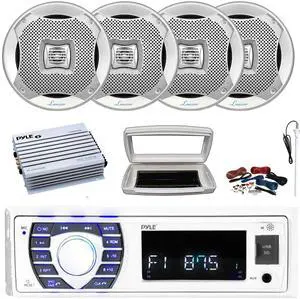 Pyle PLRMR23BTW Single-DIN Bluetooth Marine USB/AUX MP3/SD AM/FM Radio Stereo Receiver W/White Cover, 4x 5.25 200W Max Power Water Resistant 2-Way Silver Speakers, 4 Channel Amplifier W/Kit, Antenna