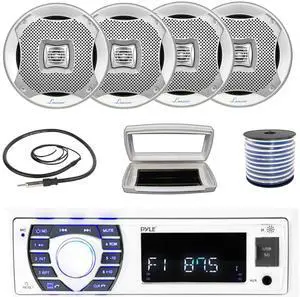 Pyle PLRMR23BTW Single-DIN Bluetooth Marine USB/AUX MP3/SD AM/FM Radio Stereo Receiver W/White Cover, 4x 6.5" 400W Max Power 2-Way Water Resistant Boat Audio Silver Speakers W/50 Feet Wire, Antenna