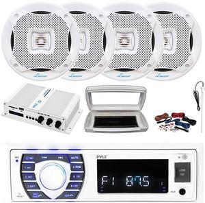 Pyle PLRMR23BTW Single-DIN Bluetooth Marine USB/AUX MP3/SD AM/FM Radio Stereo Receiver W/White Cover, 4x 6.5 400 Watt Max Power 2-Way Full-Range White Speakers, 4 Channel Amplifier W/Kit, Antenna