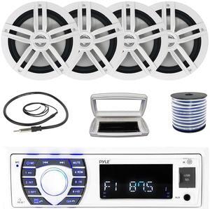 Pyle PLRMR23BTW Single-DIN Bluetooth Marine USB/AUX MP3/SD AM/FM Radio Stereo Receiver W/White Cover, 4x Enrock EM265W 6.5" 180 Watt Peak Power 2-Way Boat Audio White Speakers W/50 Feet Wire, Antenna