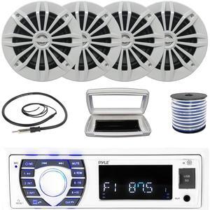 Pyle PLRMR23BTW Single-DIN Bluetooth Marine USB/AUX MP3/SD AM/FM Radio Stereo Receiver W/White Cover, 4x Enrock EM270W 6.5" 180W Max Power 2-Way Boat White Speakers W/50 Feet 18G Wire, 22" Antenna