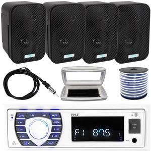 Pyle PLRMR23BTW Single-DIN Bluetooth Marine USB/AUX MP3/SD AM/FM Radio Stereo Receiver W/White Cover, 4x 3.5" 300W Max Power Indoor/Outdoor Black Waterproof Speakers W/50 Feet Wire, 22" Radio Antenna