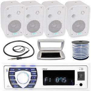 Pyle PLRMR23BTW Single-DIN Bluetooth Marine USB/AUX MP3/SD AM/FM Radio Stereo Receiver W/White Cover, 4x 3.5" 300W Max Power Indoor/Outdoor White Waterproof Speakers W/50 Feet Wire, 22" Radio Antenna
