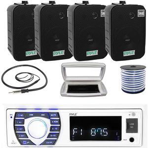 Pyle PLRMR23BTW Single-DIN Bluetooth Marine USB/AUX MP3/SD AM/FM Radio Stereo Receiver W/White Cover, 4x 5.25" 400W Max Power Indoor/Outdoor Black Waterproof Speakers W/50 Feet Wire, Radio Antenna