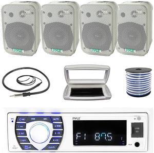 Pyle PLRMR23BTW Single-DIN Bluetooth Marine USB/AUX MP3/SD AM/FM Radio Stereo Receiver W/White Cover, 4x 5.25" 400W Max Power Indoor/Outdoor White Waterproof Speakers W/50 Feet Wire, Radio Antenna